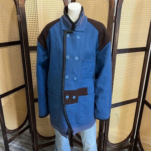 Vintage French Wool Cotton Reversible Work Chore Jacket Brown Blue - Picture 8 of 9